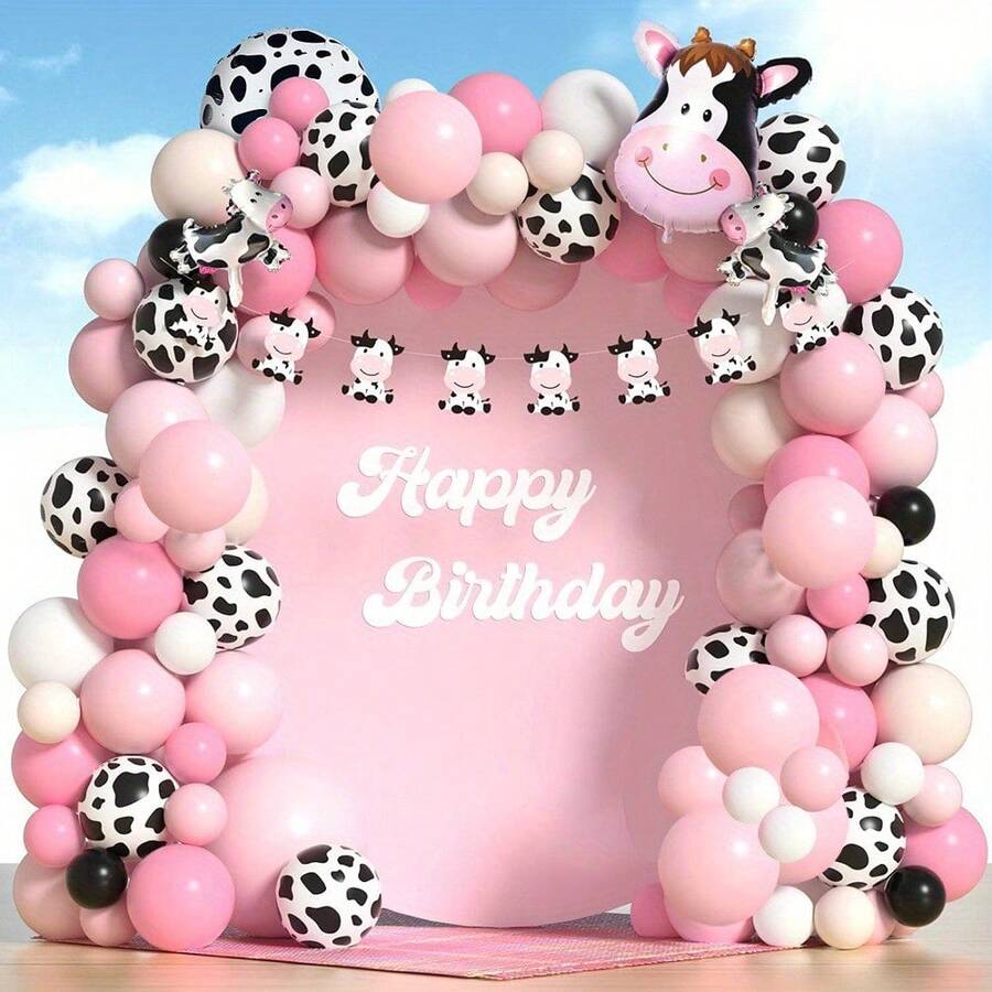 128-Piece Cow-Themed Balloon Wreath Set, Pink Balloon Series, Farm-Themed Birthday Party Decorations, Suitable For Farm Birthday Parties, Baby Shows, Gender Reveals, Baptism Decorations, Indoor And Outdoor Use - View 1