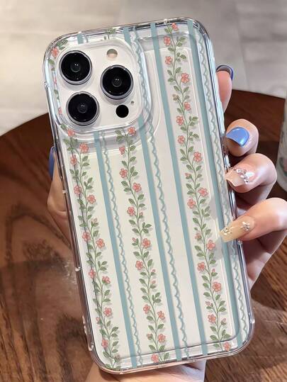 1个简约条纹花卉图案透明TPU手机壳，防震防摔防指纹，兼容 16/16Pro/16Plus/15/15ProMax/15Pro/11/12/13/14ProMax/11Pro/11ProMax/12Pro/12ProMax/13Pro/13ProMax/14Pro/14ProMax，软壳，优雅创意设计