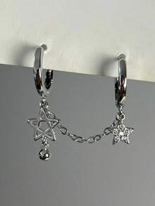 1pc Fashionable Tassel & Star Asymmetric Y2K Silver Tone Earring For Women - 銀色 - 查看 2