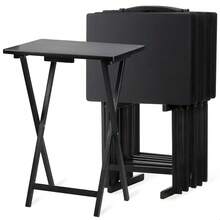 5-Piece TV Tray Folding Wooden Dinner Table Set With Compact Storage Rack, Espresso - Portable And Adjustable Home Furniture - 黑色 - 查看 3