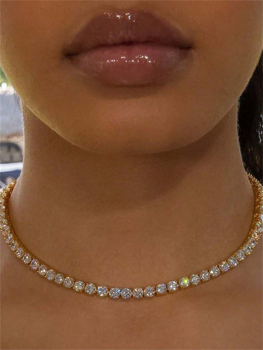 1pc Women's Rhinestone Embellished Necklace, Formal Occasion Necklace - 金色 - 查看 1