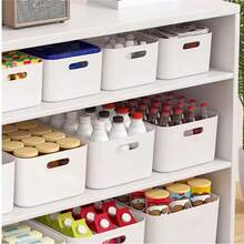 6pcs Plastic Storage Boxes, Suitable For Makeup Storage, Kitchen Storage, White Storage Boxes With Handles, Multi-Functional Makeup Storage Boxes, Under-Bed Storage Boxes, Bathroom Sink Storage Boxes, Bathroom And Bedroom Storage Boxes - White - View 1