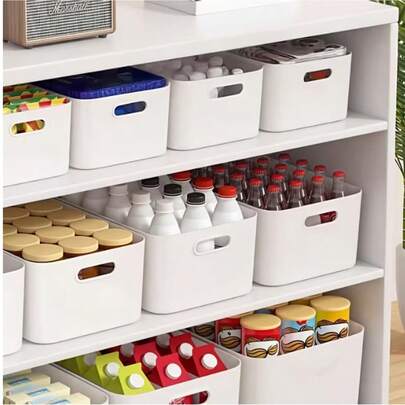 6 cajas de almacenamiento de plástico, adecuadas para la organización del maquillaje, el almacenamiento en la cocina y el refrigerador. Cajas de almacenamiento blancas con asas, organizador de maquillaje de uso múltiple, cajas de almacenamiento debajo de la cama, cajas de almacenamiento para el baño y el dormitorio