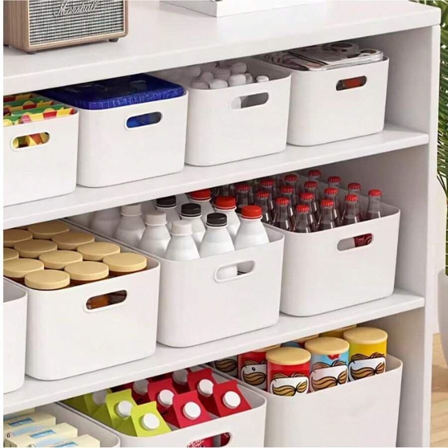 6pcs Plastic Storage Boxes, Suitable For Makeup Storage, Kitchen Storage, White Storage Boxes With Handles, Multi-Functional Makeup Storage Boxes, Under-Bed Storage Boxes, Bathroom Sink Storage Boxes, Bathroom And Bedroom Storage Boxes - White - View 1