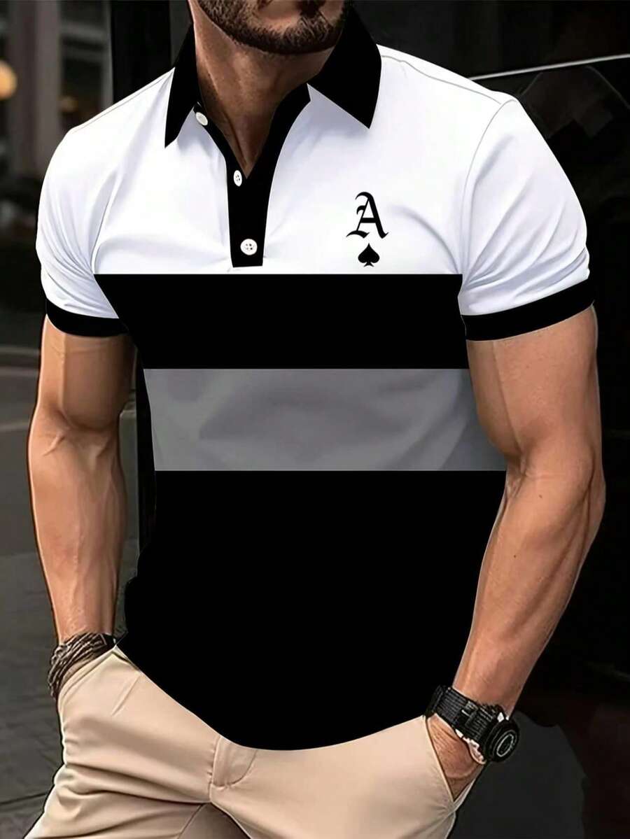 Polo a maniche corte da uomo con patchwork nero & bianco, stampa casual streetwear con motivo poker a picche, traspirante & confortevole per lo sport - nero - Visualizzare 1