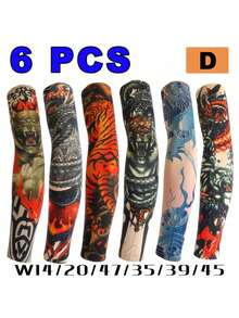 6pcs/Set Men's Sunscreen Tattoo Arm Sleeves, Summer Ice Silk Tattoo Cover Arm Warmers, Suitable For Fishing, Cycling And Outdoor Activities, Summer Essential (Patterns And Color Styles Sent Randomly) - A - View 11
