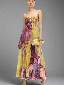 Elegant Women's Long Floral Gown With Sleeveless Square Neck, Non-Stretch Flared A-Line Design And Zipper Detail, Perfect For Special Occasions - 有肩帶 - 查看 1