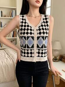 Áo gile họa tiết hình thoi phối màu xanh dương và đen cổ điển, áo dệt kim ôm dáng cổ chữ V đính sequin, kiểu dáng thường ngày cho mùa xuân. - Màu xanh lam - Xem 3