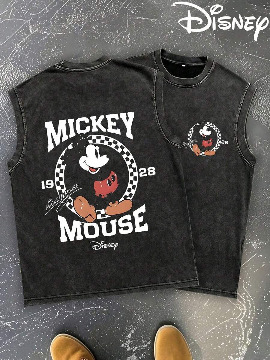 Disney Officially Licensed: Mickey Mouse Graphic Print Men's Vintage Washed Tank Top. Y2K-Style Streetwear Tank Top For Men (230g Pure Cotton Fabric). American Vintage Aesthetic-Men's Summer Crew Neck Sleeveless Casual Tee & Streetwear. - màu đen - Xem 1