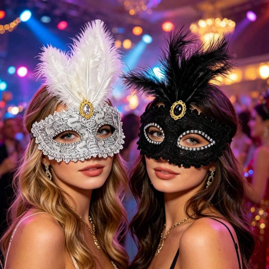 Bộ 2 mặt nạ lông vũ quyến rũ kiểu Venice, mặt nạ nửa mặt đính đá và ren cho nữ, thích hợp cho dạ hội hóa trang, trang phục Halloween.