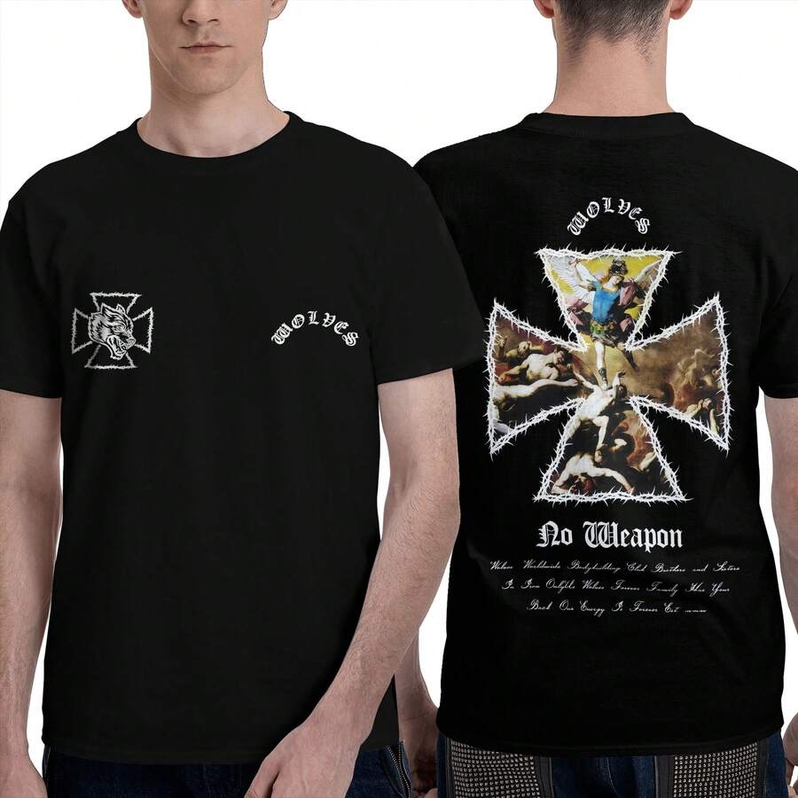 DARCSPORT Wolves Cross Print Unisex 180g "No Weapon" Graphic Crew Neck T-Shirt For Men/Women - màu đen - Xem 1