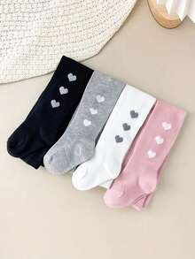 4 piezas Mallas/Medias ajustadas con estampado de corazón para niñas, aptas para uso diario en todas las estaciones - Multicolor - Ver 6