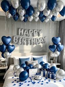 57件套海军蓝银色男士生日装饰套装，包括海军蓝银色乳胶气球、生日快乐横幅和心形铝箔气球，适合男士成人派对装饰、网红拍照背景、周年纪念、浪漫卧室装饰、午夜生日派对用品。 - 款式三 - 查看 2