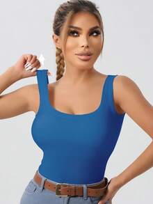 Ladies'  U-Shaped Backless Tank Top With Built-In Bra Padding, Slim Fit, Suitable For Both Inner And Outer Wear, Ribbed Knit Bra, Solid Color Design. - Màu xanh lam - Xem 5