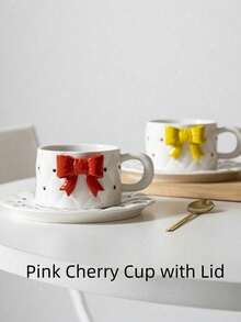 Cherry Cake Cup, High-Quality Cherry Water Cup, Ceramic Mug With Lid, Household Couple Breakfast Coffee Cup, Gift, Birthday Present - Multicolor - View 8