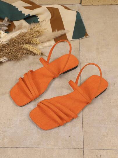 1 Pair Orange Flat Sandals For Teenagers, Solid Color Soft Fabric Strap, Square Toe Open Toe Classic Slip-On Design, Fashionable Lightweight Elegant Flat Sandals Suitable For Teenage Girls, College Students, Daily Casual, Vacation, Commuting, Party, School, Spring New Arrival