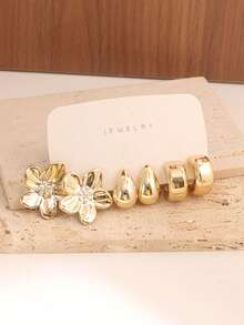 4/6/16pcs Gold-Tone Fashion Earring Set For Women, Includes Left-Right Ear Flowers, 5-Petal Flowers, Teardrop, Heart, Small C-Shape Designs, Stylish & Elegant, Suitable For Daily Wear, Parties, Gifts For Girlfriends & Mothers. Made Of ABS Resin With Non-Fading UV Gold Plating - Multicolor - View 6