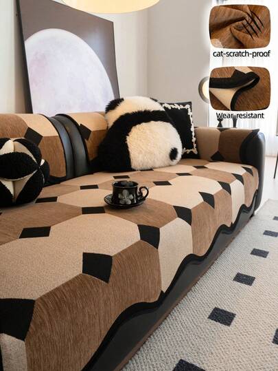 1 chiếc đệm sofa sang trọng hiện đại, viền lượn sóng, chất liệu jacquard họa tiết bàn cờ hình học, chống trầy xước do mèo, chống nhăn và chống trượt, bảo vệ sofa đa năng dùng được cả bốn mùa, khăn phủ sofa, bọc ghế sofa.
