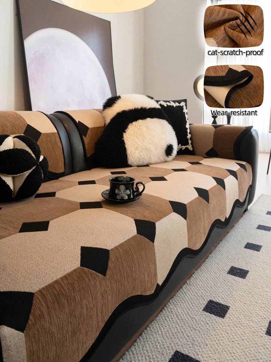 1 chiếc vỏ gối sofa giả len cao cấp hiện đại, họa tiết caro hình học, viền lượn sóng, chống trầy xước, chống nhăn, chống trượt, bền chắc, bảo vệ sofa đa năng dùng được cả bốn mùa. - Cà phê nâu - Xem 1