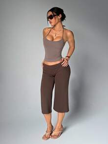 Deep Khaki Sleeveless Turtleneck Fitted Casual Tank Top, Cute Street Style Fashion For Women In Summer - Khaki - View 4