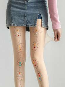 1 Pair Rainbow Diamond Rhinestone Tights - Available In Black, White, And Beige. High-Waisted Design To Prevent Slipping. Suitable For Wearing On Various Festive Occasions And Sharing On Social Media. - Multicolor - View 7