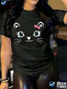 Nueva camiseta de mujer con cuello redondo, manga corta, corte holgado, casual y versátil.‌ Patrón de gato a la moda‌ Tela suave, buen caída. - Negro - Ver 7