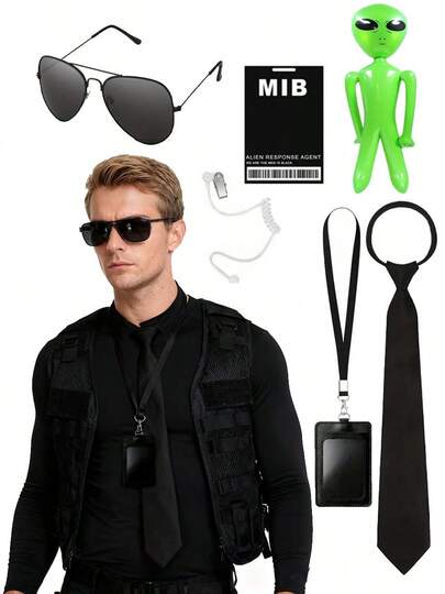 Bộ 6 món trang phục an ninh bí mật, bao gồm cà vạt thời trang có thể điều chỉnh, kính đen thời trang, tai nghe giả, thẻ bài, thẻ tên, đạo cụ người ngoài hành tinh cầm tay, bộ phụ kiện người ngoài hành tinh cho trang phục điệp viên, trang phục vệ sĩ, bộ đồ hóa trang dự tiệc thời trang dành cho cả nam và nữ.