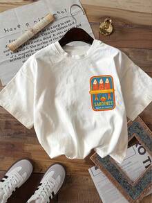 [Everyday Wear] [Double-Sided Print] Women's Casual Summer Top. Retro Style, Fish Can Print, Sardine Pattern. Crew Neck Design, Loose Fit, Soft And Comfortable, Pure Cotton, Short-Sleeved T-Shirt. Suitable For Casual Wear At Home, Outdoor Activities, Travel, Parties, And Photo Shoots. - White - View 2
