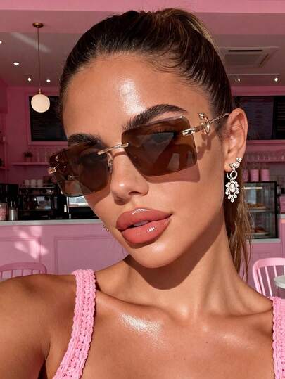 1 Pair Unisex Metal Frameless Brown Fashion Versatile Glasses, Travel Accessory, Beach Decor Glasses, Stylish High-End Casual Street Photography Classic Eyewear, Beach Accessory, Women, Summer Beach Vacation, Outdoor, Travel Casual Style, Suitable For Outings, Back To School Season