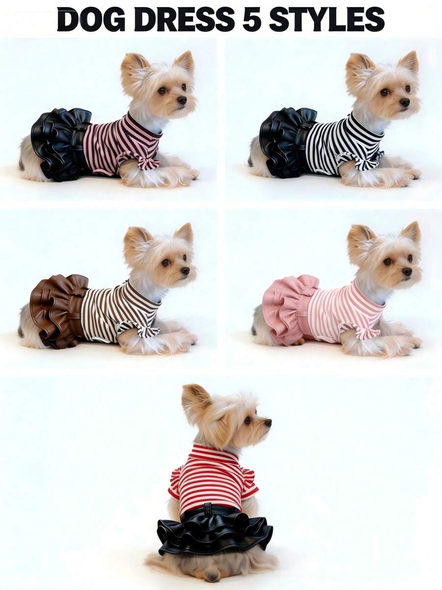 1pc Striped Top With Faux Leather Skirt, Comfortable Breathable Pet Dress, Fashionable For Yorkshire Terrier, Chihuahua, Miniature Dogs Daily And Party Wear, Cute Ruffle Pet Outfit