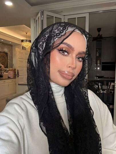1pc Lace Hijab Scarf Suitable For Daily Wear With Abaya, Solid Color Lace Hollow Tassel Chiffon Scarf