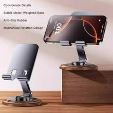 1 PC Adjustable Cell Phone Stand,360 Rotating Foldable Desktop Cellphone Stand With Anti-Slip Base Portable Phone Holder For IPhone 16 15 14 13 Pro Max, All Smart Phones(Wood) - Black - View 4