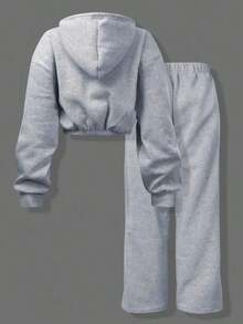 2pcs Women Casual Plain Cropped Hoodie And Sweatpants Set, Autumn/Winter Fall Cloth For Women - Xám 2 - Xem 2