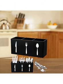 1 pièce Boîte de rangement pour couverts en acrylique, boîte de rangement transparente pour cuillères et fourchettes, porte-couverts élégant à 3 compartiments, organisateur d'ustensiles en plastique facile à nettoyer, grande boîte de rangement pour la vaisselle de la maison - Multicolore - Voir 3