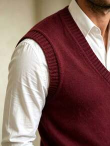 Áo vest nam cổ chữ V dệt kim, màu trơn, dễ phối đồ, thích hợp cho công sở, mặc nhiều lớp áo để mặc hàng ngày và đi làm, mùa thu/đông. - Màu Đỏ Sâu - Xem 4