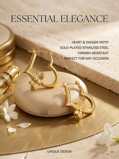 1 Pair Vintage Bee & Heart Motif Gold Plated Stainless Steel Hoop Earrings For Women, Tarnish-Resistant, Multiple Styles Available, Aretes Aretes De Mujer Earrings, Unique Elegant Bee Decorated Open Heart Hoops, Suitable For Daily/Office/Party/Wedding/Dating/Anniversary/Birthday/Prom/Travel/Vacation/Bridesmaid Occasions, Perfect To Match With Women's Belts