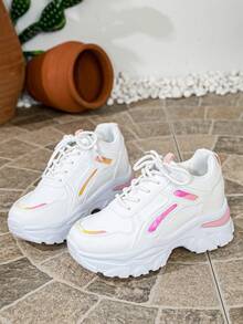 Giày thể thao nữ thời trang thường ngày, đa năng, màu trắng phối nhiều mảnh, đế xuồng, buộc dây, kiểu dáng chunky. - Đỏ và trắng - Xem 7