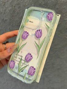 Ốp điện thoại TPU trong suốt hình hoa tulip màu tím với viền tương phản xanh lá cây nhạt, ốp lưng mềm mại, chống trượt, bảo vệ điện thoại thoải mái, tương thích với iPhone, ốp điện thoại hoa tulip dùng hàng ngày, nhẹ và không cồng kềnh, các nút bấm nhạy. - Nhiều màu - Xem 4