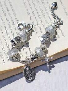 1pc Sparkling Zirconia Charm Bracelet, Religious Charm Bracelet With Virgin Mary Pendant, Adjustable Bracelet - 銀 - 查看 8