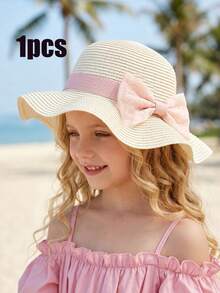 1顶女童粉色花朵蝴蝶结荷叶边草编遮阳帽，轻便透气，适合3-8岁儿童，可用于沙滩/户外夏季活动。 - 1PC - 查看 1