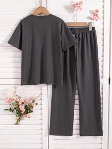 2 pièces/Set Top T-shirt à manches courtes et pantalon long tenue d'été pour filles, couleur unie avec décoration nœud 3D - Gris foncé - Voir 2