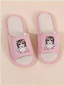Open-Toe Slippers, New Spring/Autumn/Winter Animal Print Couples Slippers, Cute Animal Design, Linen Breathable Fabric, Home/Holiday Gift - Pink - View 5