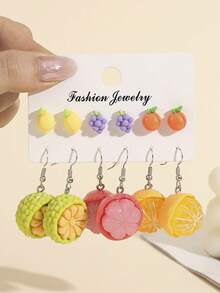 12pcs Women Dopamine Sweet Simulated Fruit Earrings Set, Funny Pineapple, Jackfruit, Orange, Grape, Lemon Pendant Earrings - Multicolor - View 7
