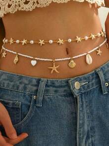 2pcs Bohemian Fashion Double-Layer Starfish & Faux Pearl Beach Waist Chain, Versatile Body Chain, Sexy Summer Beach Bikini Accessory - Multicolor - View 3