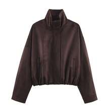 Women's Autumn Textured Suede Aviator Jacket - Coffee Brown - View 1