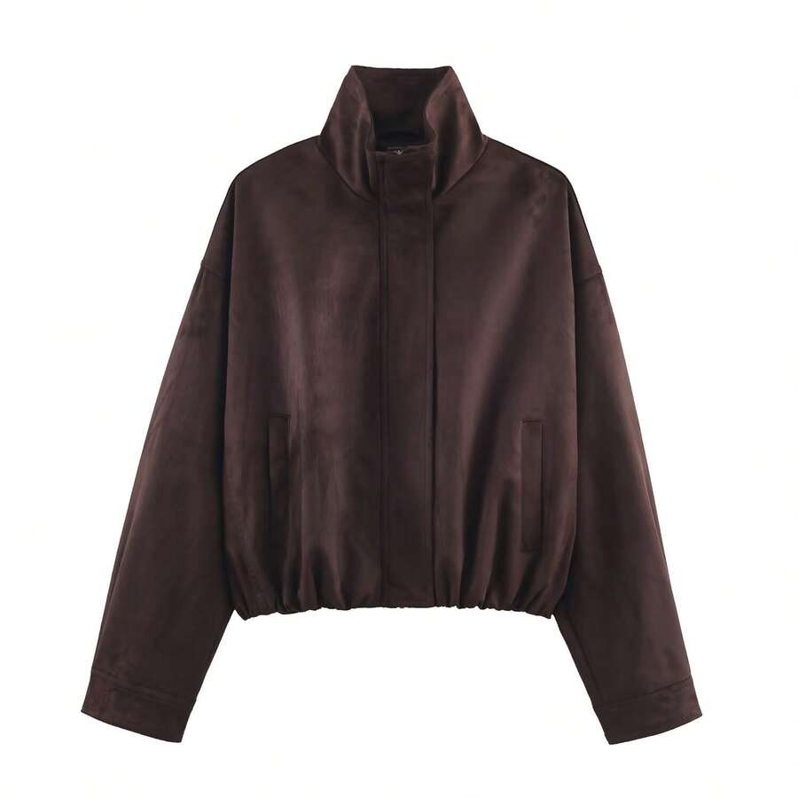 Women's Autumn Textured Suede Aviator Jacket - Coffee Brown - View 1