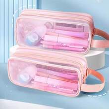 Large Mesh Pencil Case 2 Compartments, Transparent Handheld Multi-Function Pencil Bag, Transparent Makeup Bag, Suitable For Teenagers, Students, College, Business, Travel, Office, Adults - Pink, Black, Multiple Colors Available - Multicolor - View 16