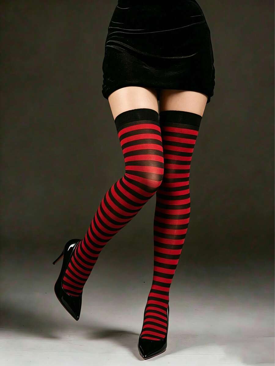 Vớ cao quá đầu gối kẻ sọc đen đỏ - Nổi bật và cá tính, thích hợp cho tiệc tùng và cosplay. - màu đen - Xem 1