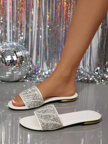 Women's Spring/Summer New Square Toe Flat Sandals, Fashion Party Rhinestone Slippers, Black-White-Pink, Size 41-43 Plus Size, Sexy Style, Matching Dresses - White - View 4