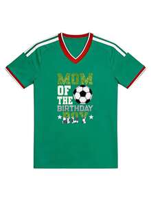 Estilo deportivo casual con texto brillante y diseño de balón de fútbol, camiseta de la temporada de fútbol 2026, camiseta con cuello en V para la madre del cumpleañero, camiseta de aficionado al fútbol para primavera y verano, regalo perfecto para la madre. - Verde - Ver 3